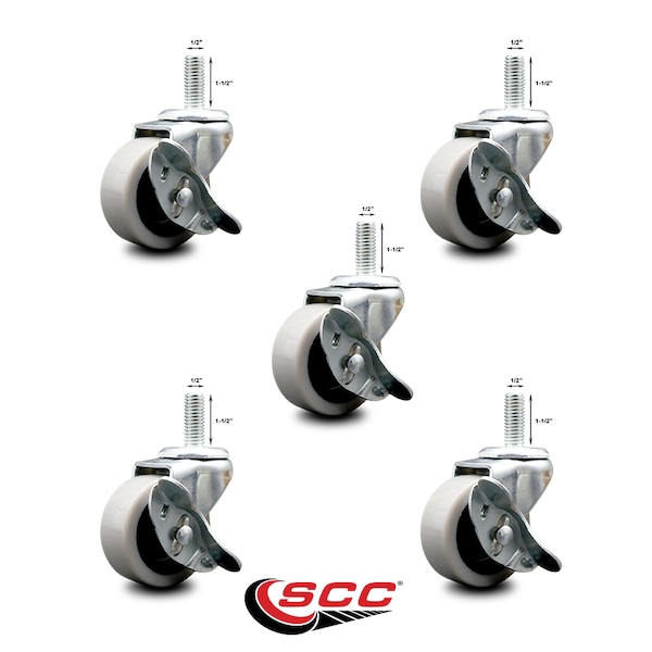Service Caster 2 Inch Thermoplastic Wheel 1/2 Threaded Stem Caster Set with Brakes SCC, 5PK SCC-TS05S210-TPRS-SLB-121315-5 - main
